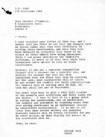 Letter from Mervyn Wall, Secretary of the Arts Council to Deirdre O'Connell of the Focus Theatre
